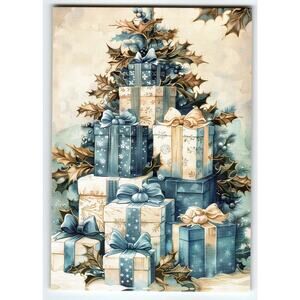 Vintage Christmas Postcard Blue & Cream Gift Boxes Holly Tree 5.5x4"